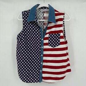 Carolina Blues Womens Americana Top Sz L Stars Stripes Flag Summer Shirt Vintage